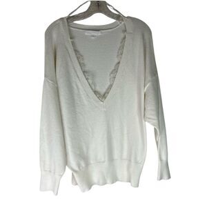 Adyson Parker Sweater Women’s Ivory Lace Inset V Neck Pullover Buttery Soft XL